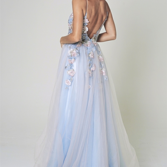 New Baby blue multi color floral long tulle gown - Picture 4 of 6